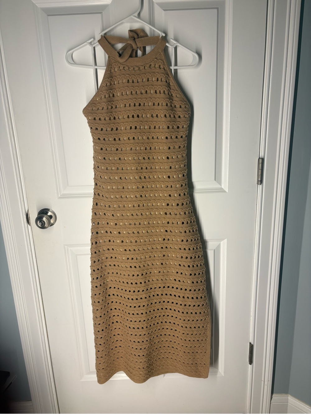 Boho Chic Vacation Resortwear Garden Party Lulus Tan Crochet Halter Midi Dress